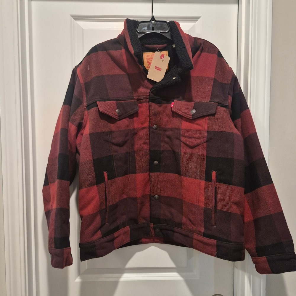 Levis Mens Sherpa Lined Trucker Jacket Red Black Buffalo Plaid Wool Blend NWT